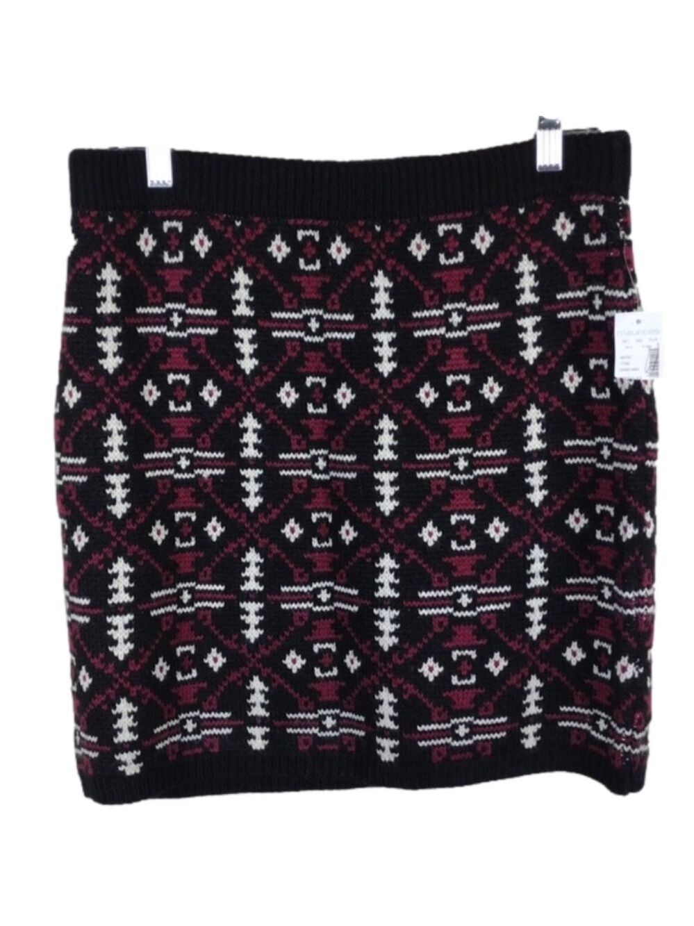 Maurices Black Burgundy Geometric Acrylic Slip On Mini Pencil Sweater Skirt NWT